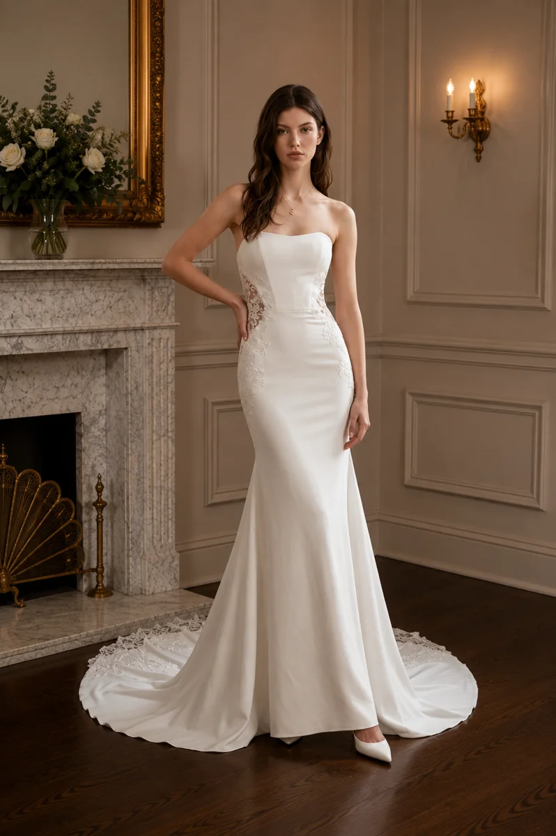 Baylor mermaid wedding dress in crepe and lace with a strapless square neckline, front view