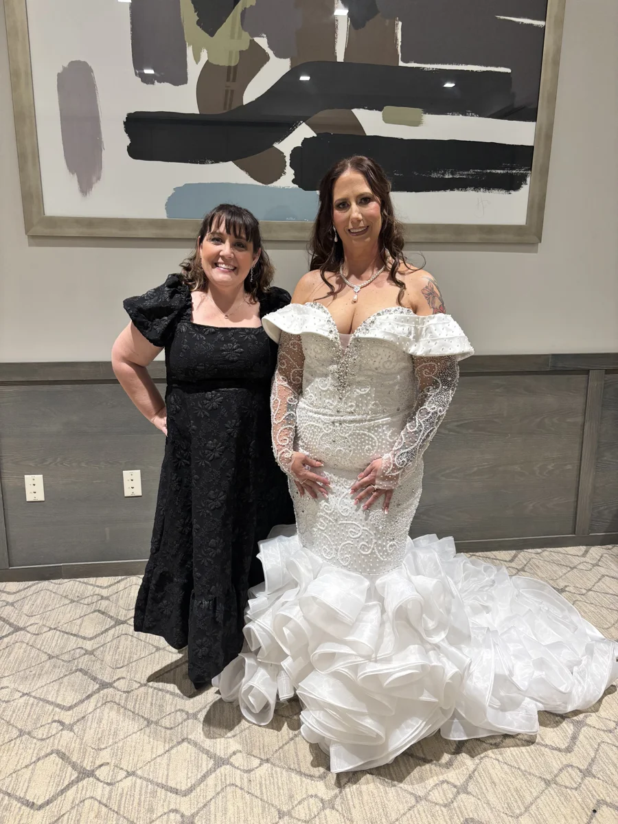 Rachel with Joanna in her custom ruffle mermaid wedding gown on her wedding day
